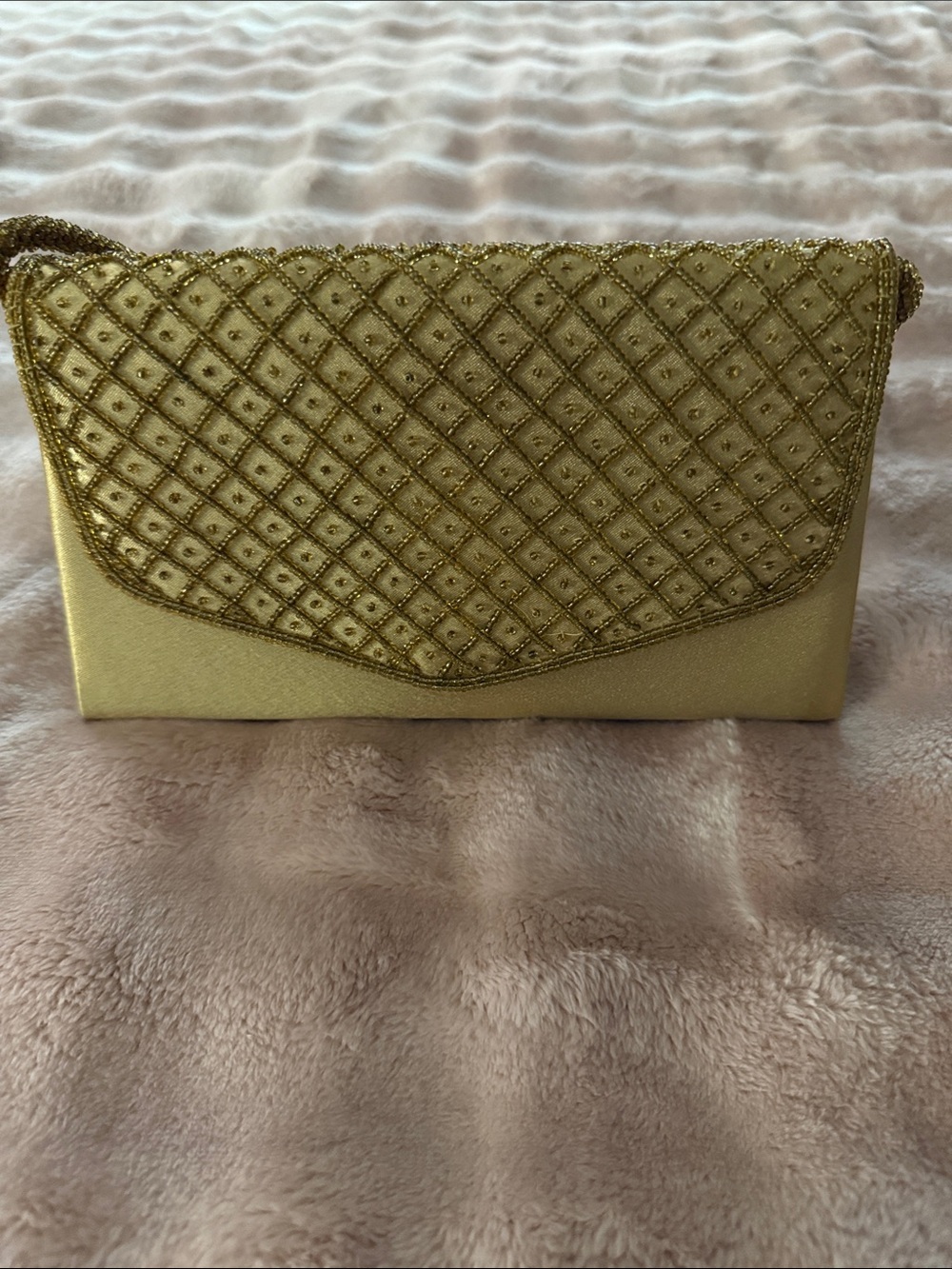 Gold Quilted Beaded Evening Clutch Wristlet